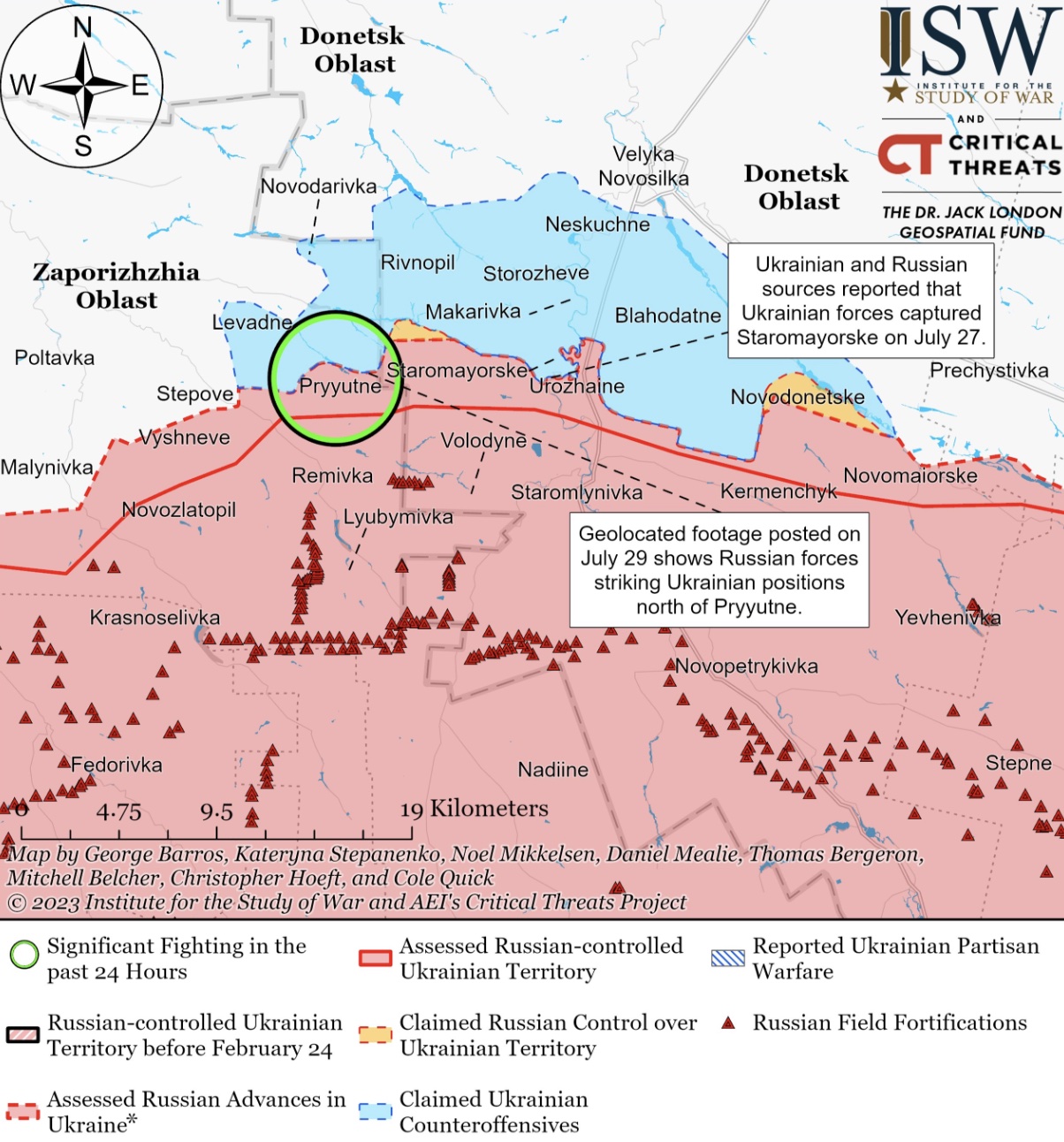 Mapa ukrajinského postupu a ruských opevnění ve směru na Melitopol. Zdroj: ISW
