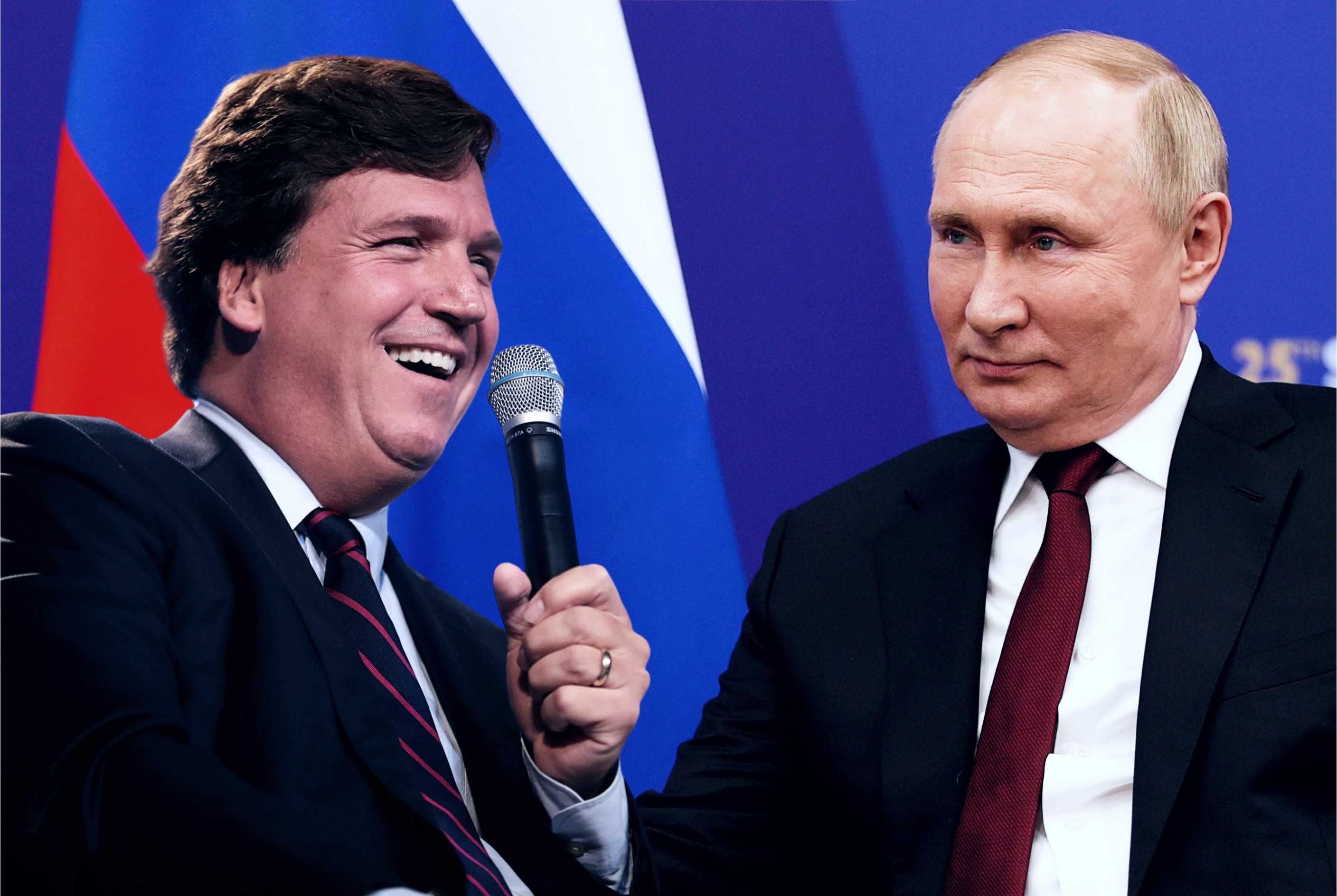 Tucker Carlson a Vladimir Putin, fotomontáž. Foto: Gage Skidmore, Kreml, Wikimedia (CC BY-SA 2.0/CC BY 4.0)