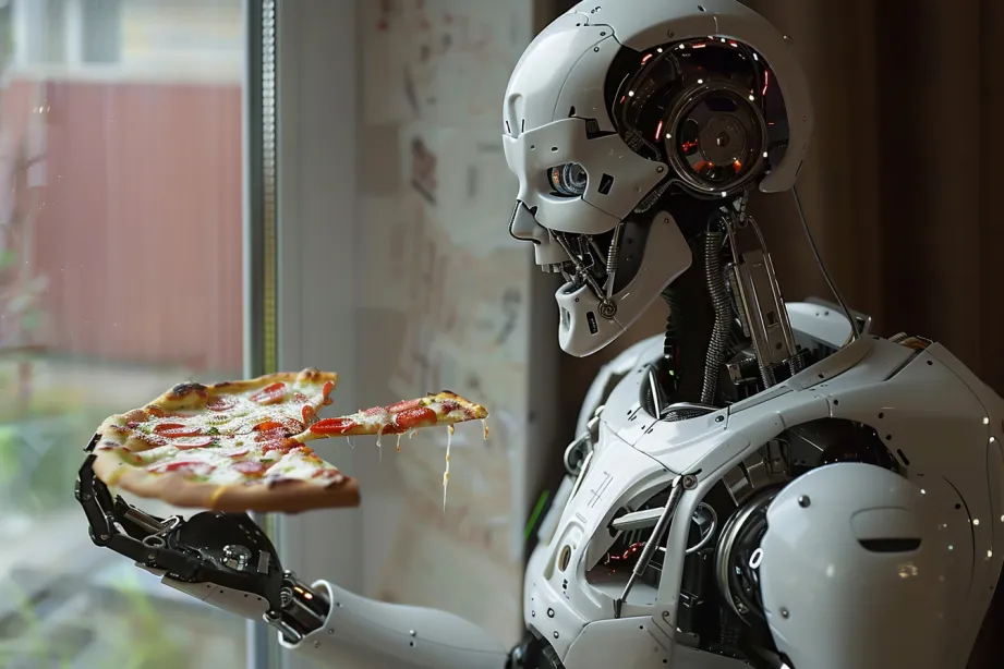 Robot hledí na pizzu, umělou inteligencí vygenerované ilustrační foto. Foto: Midjourney