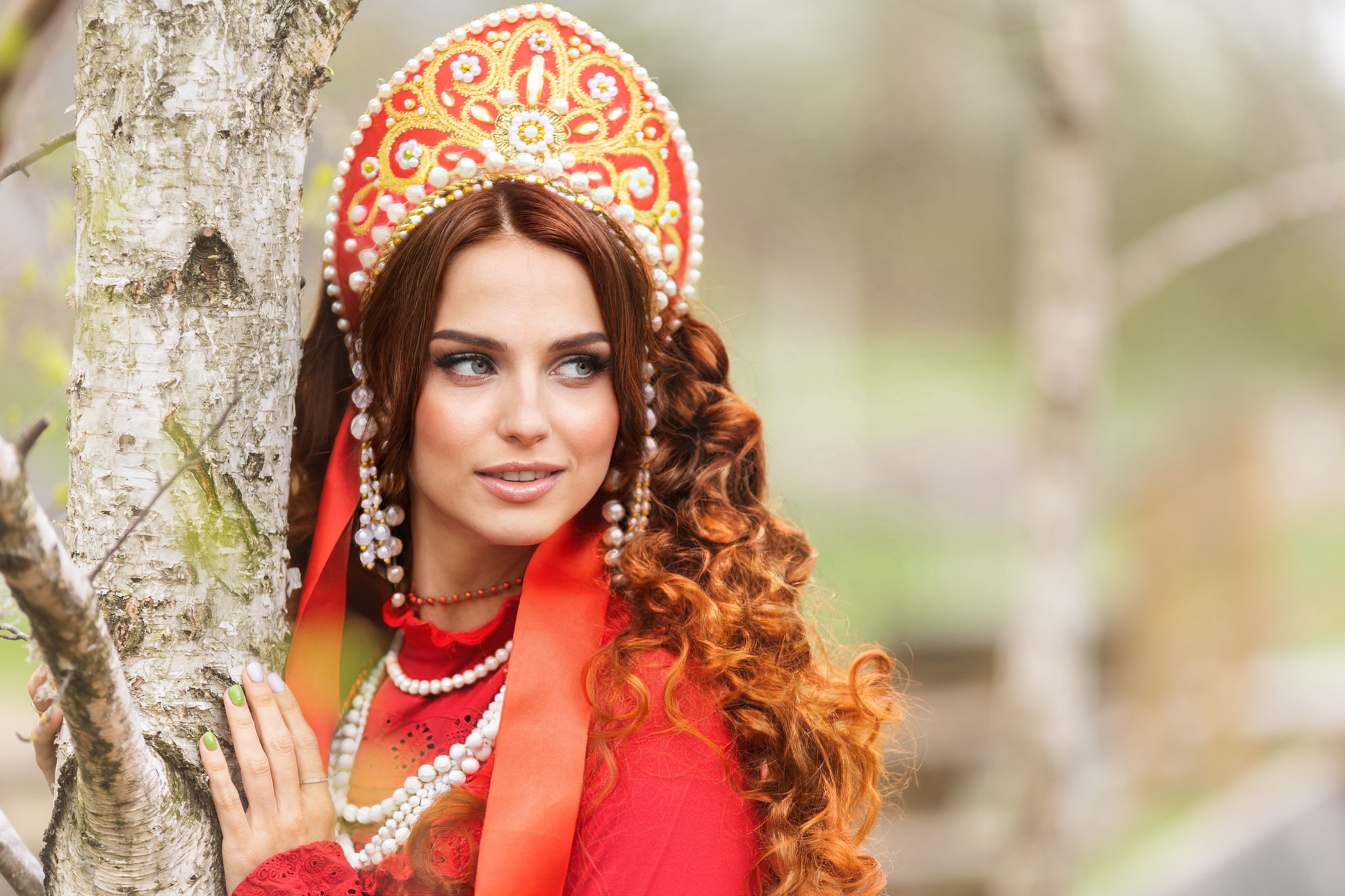Russian,Girl,In,Traditional,Russian,Sarafan,And,Kokoshnik,Embroidering,Outdoors.