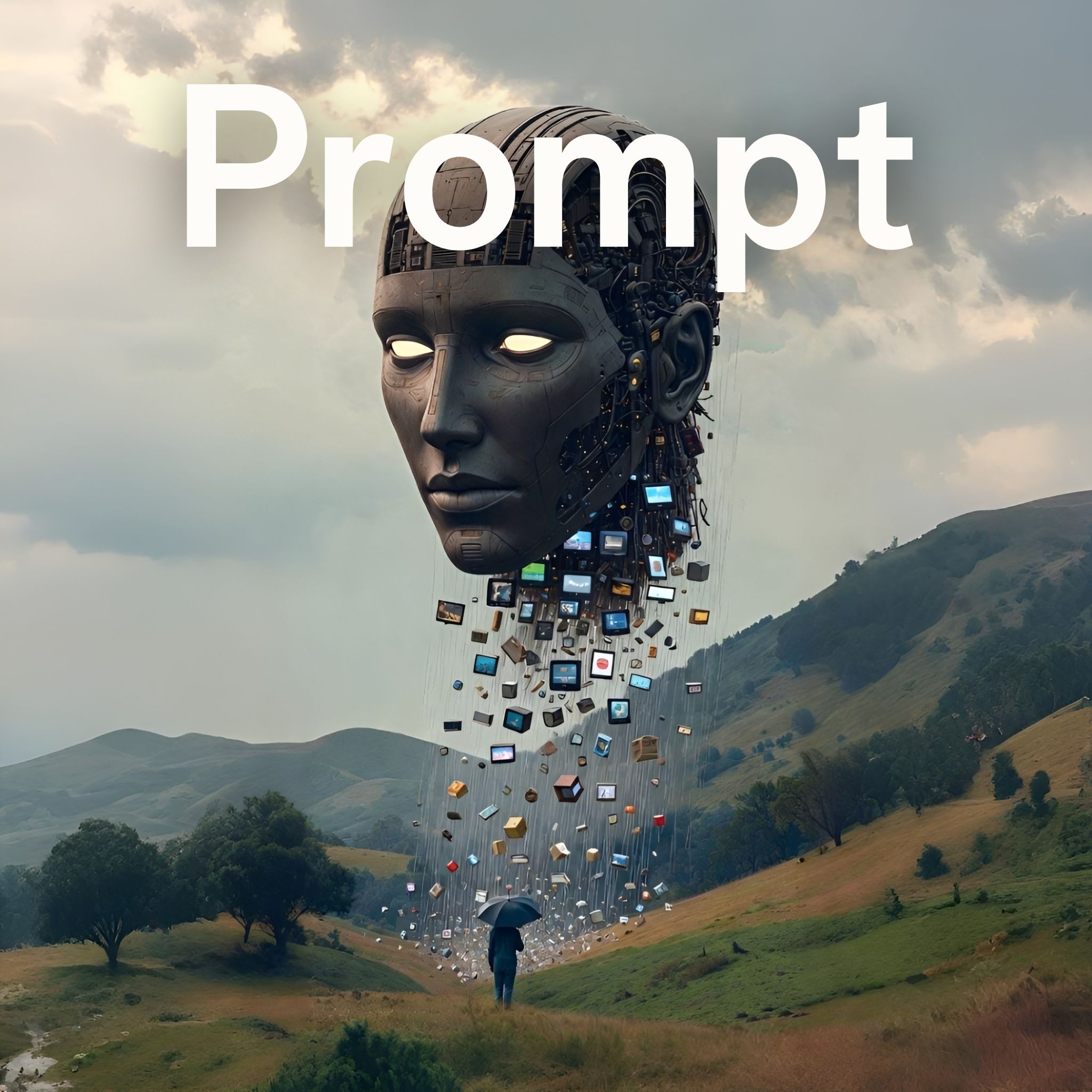 Ilustrační obrázek Promptu: z hlavy robota prší reklamy na člověka, který se brání deštníkem