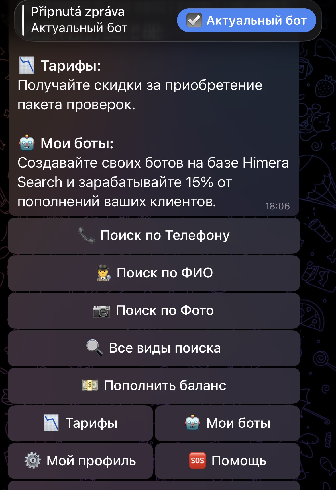 Screenshot nabídky probivu z Telegramu